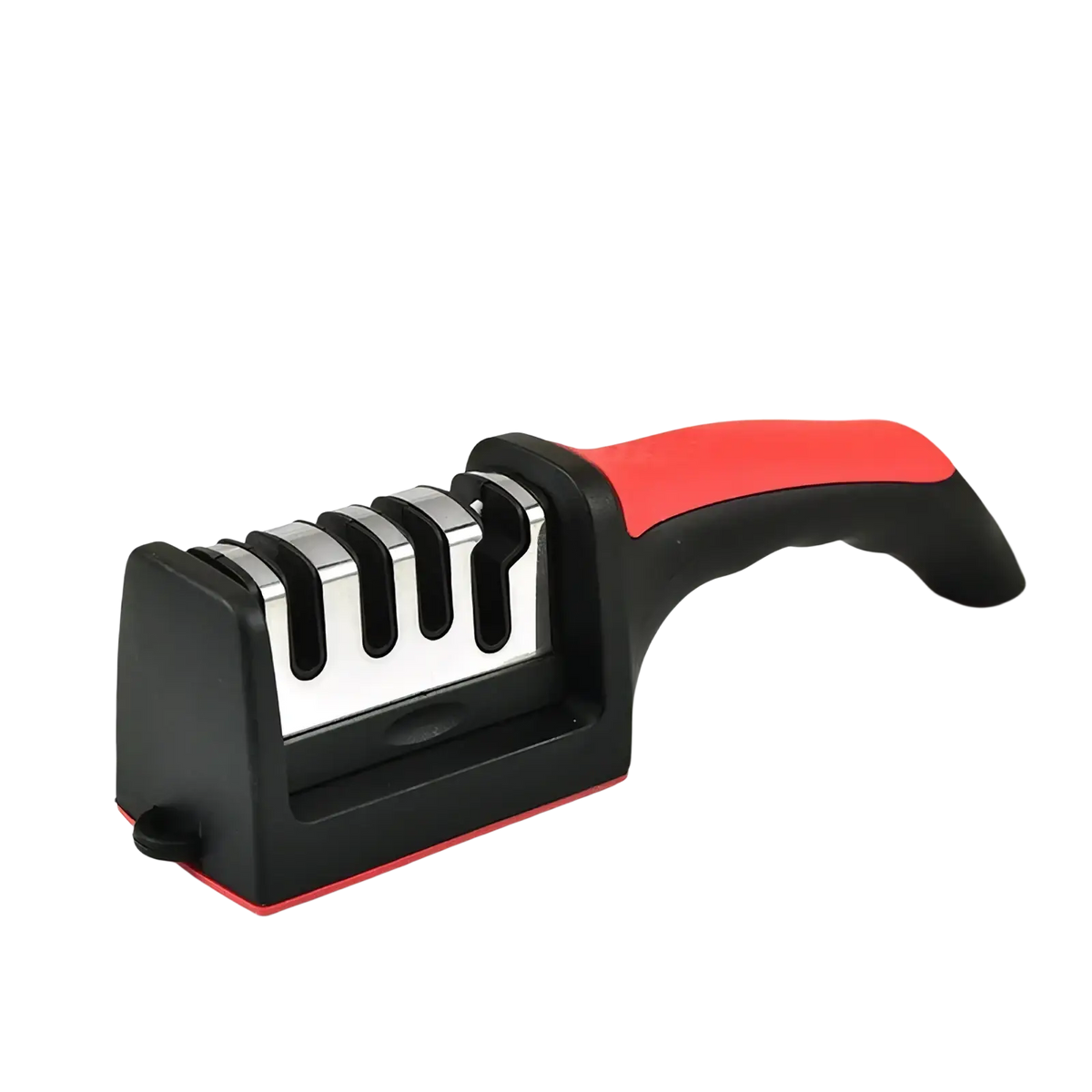 Manual knife sharpener multifunctional handheld tool in red and black with three stainless steel sharpening slots