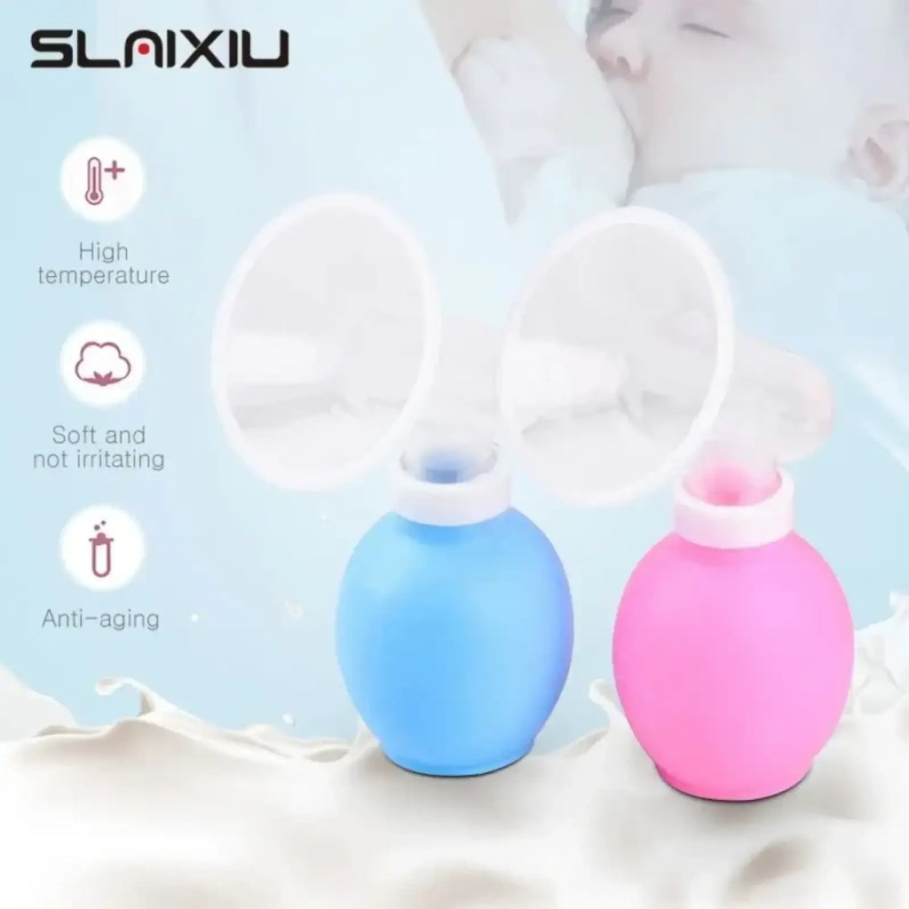 Manual silicone breast pumps in blue and pink with white plastic flanges bpa free for safe infant feeding
