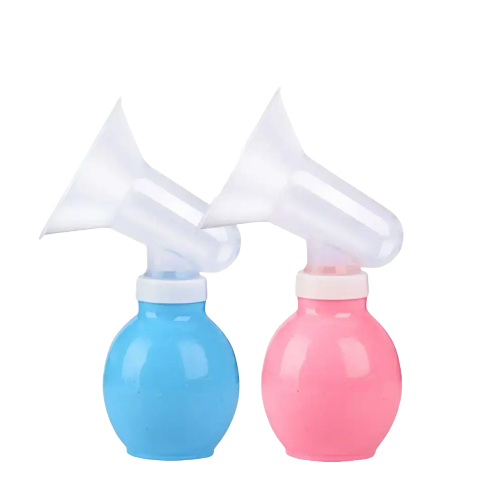 A pair of translucent silicone manual breast pumps with blue and pink spherical BPA free bases