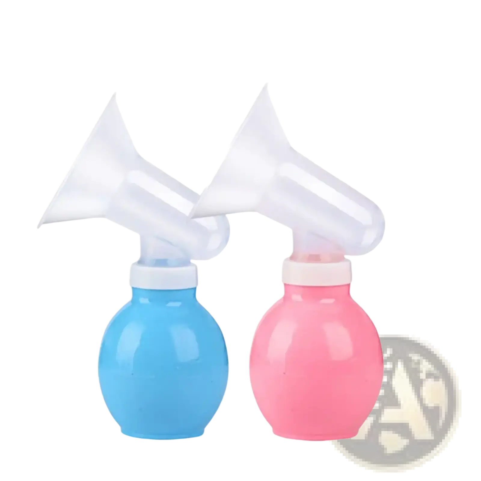 A pair of translucent silicone manual breast pumps with blue and pink spherical BPA free bases