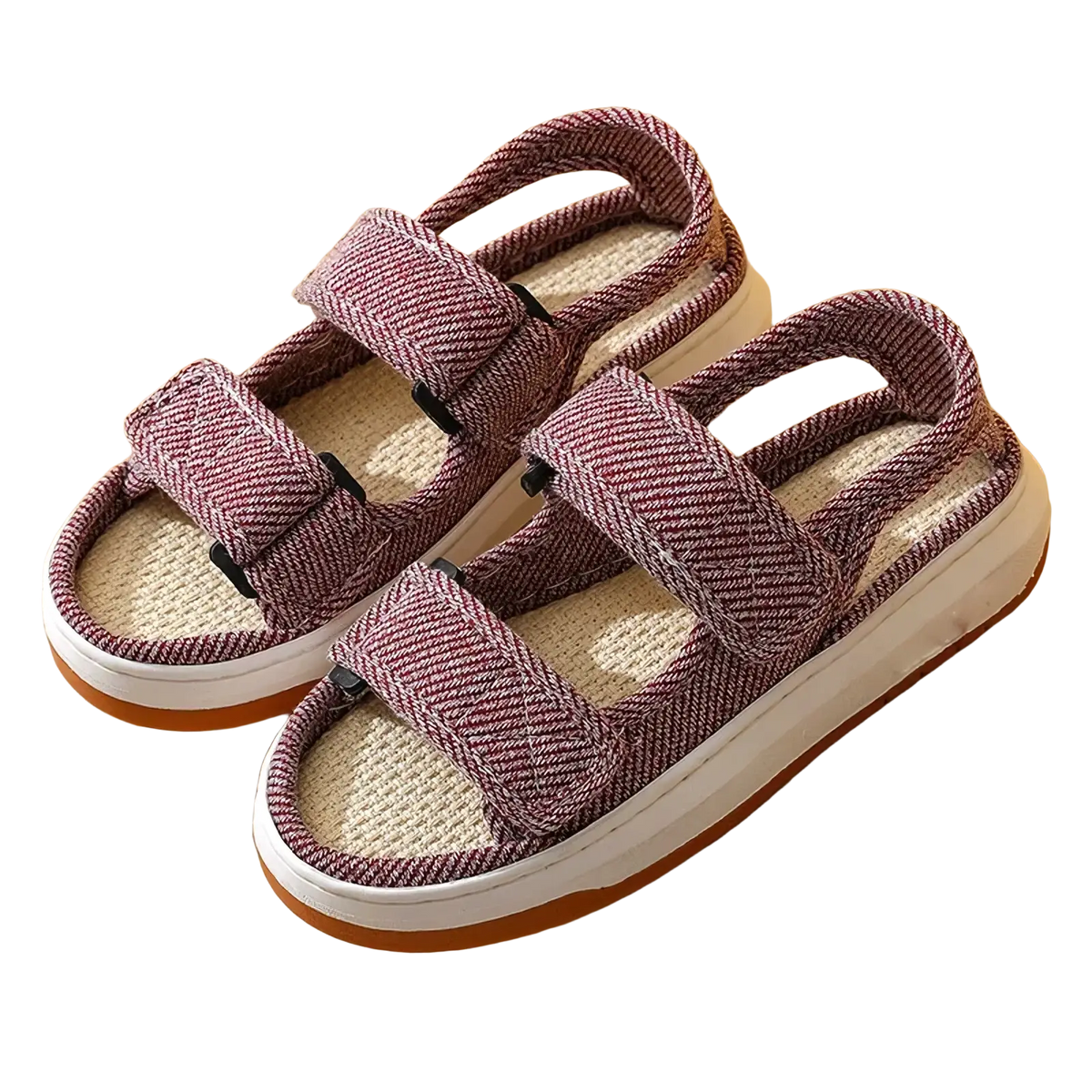 Maogu striped canvas walking sandals in mauve herringbone pattern with white and tan rubber soles
