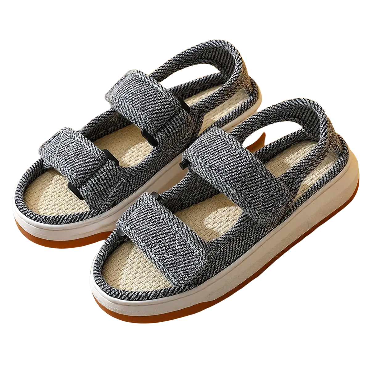 Maogu striped canvas walking sandals in gray herringbone with white and orange soles and two adjustable velcro straps