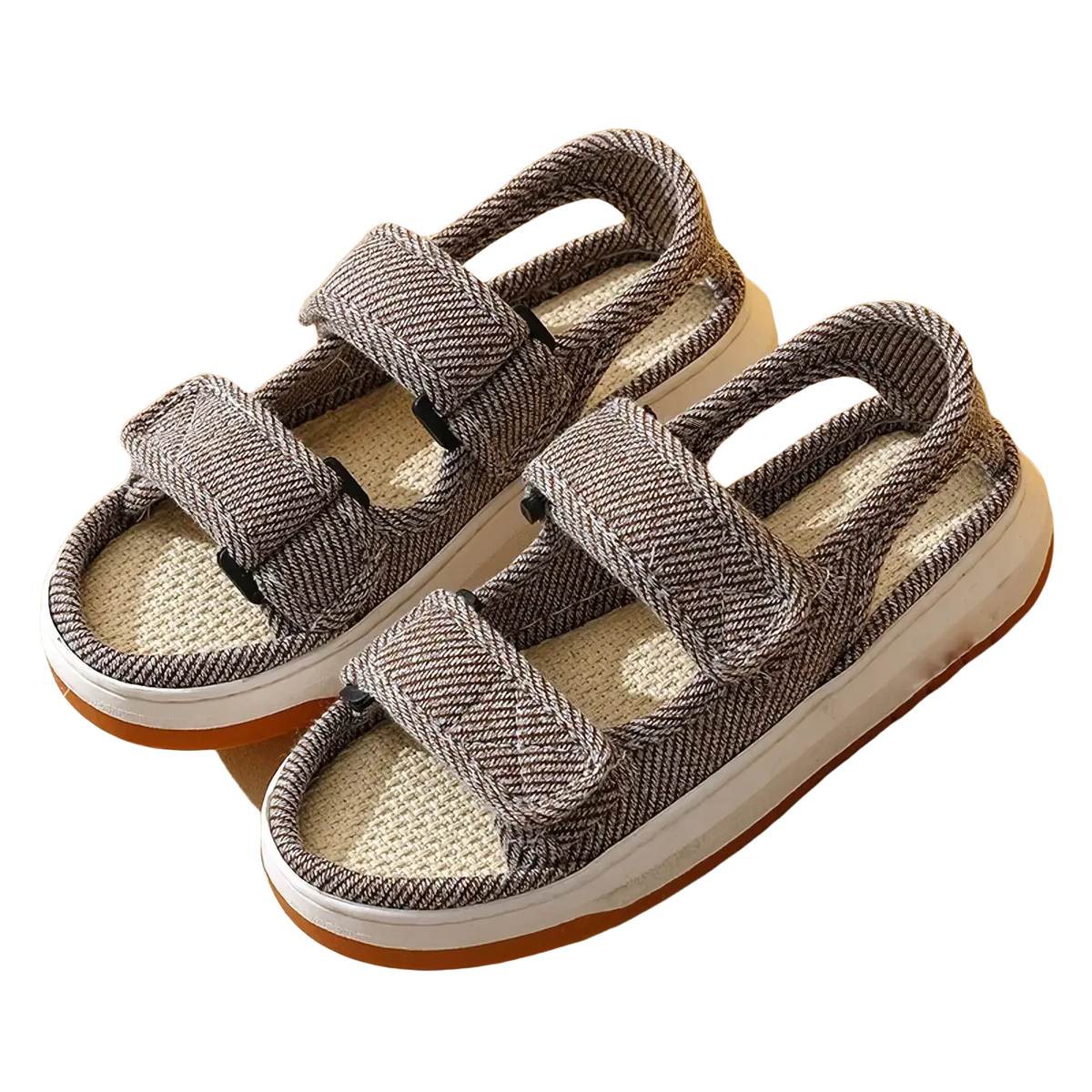 Maogu striped canvas walking sandals in gray herringbone pattern with black velcro straps and white rubber sole