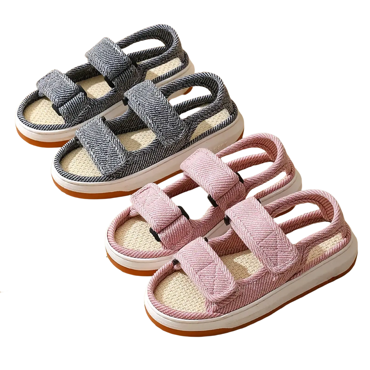 Maogu striped canvas walking sandals in gray and pink woven fabric with white soles and orange rubber outsoles