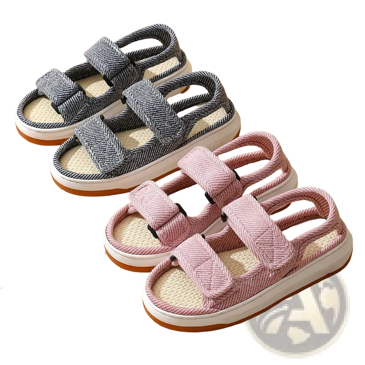 Maogu striped canvas walking sandals in gray and pink woven fabric with white soles and orange rubber outsoles