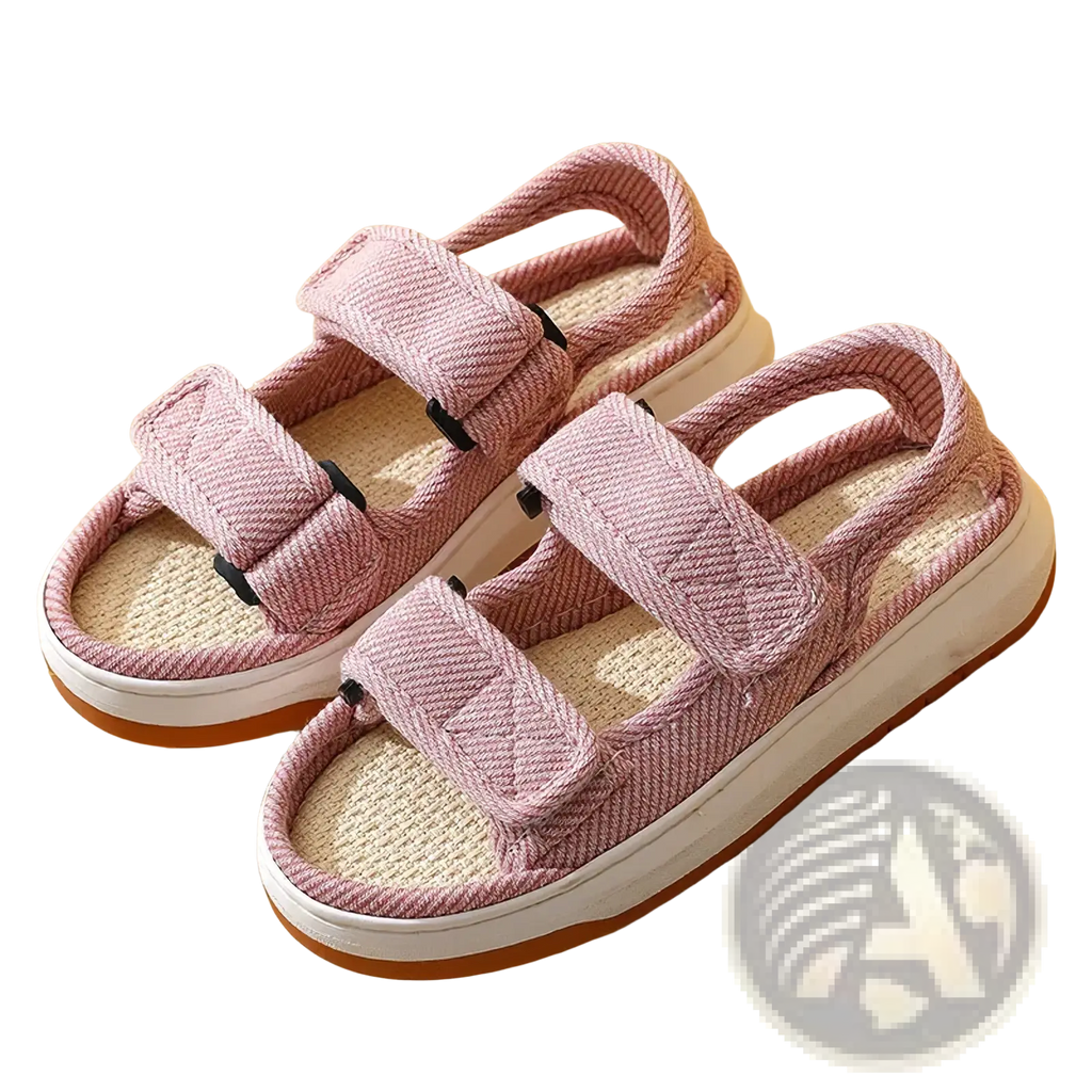 Maogu striped canvas walking sandals pink woven fabric with two velcro straps and a white rubber sole