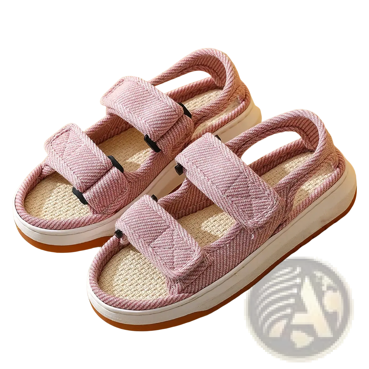 Maogu striped canvas walking sandals pink woven fabric with two velcro straps and a white rubber sole