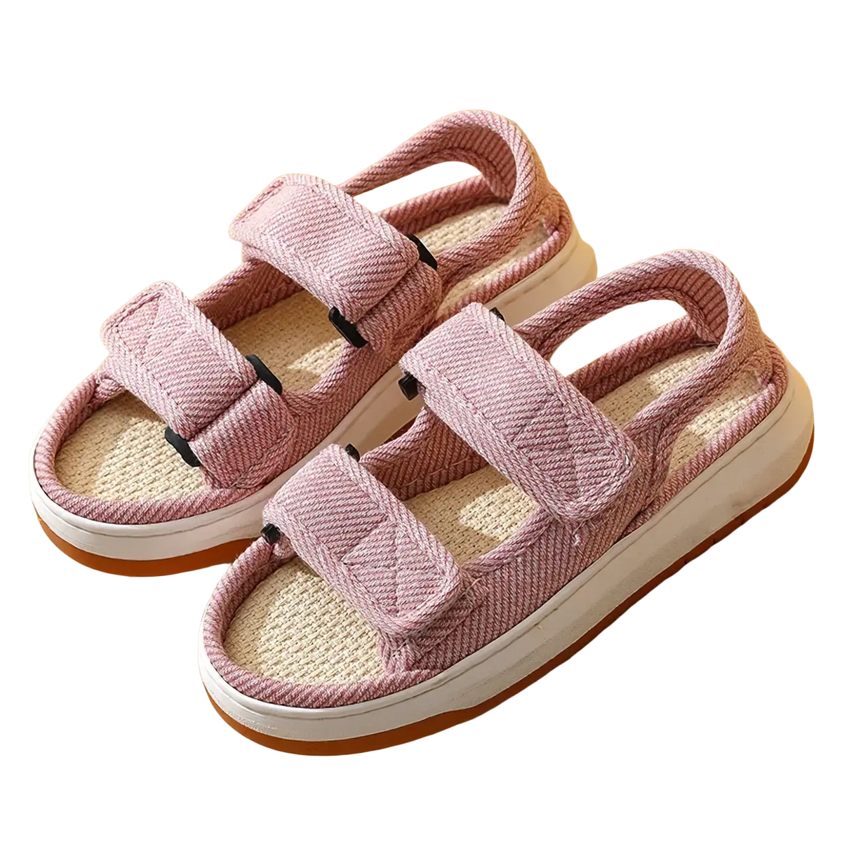 Maogu striped canvas walking sandals pink woven fabric with two velcro straps and a white rubber sole