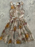 Sleeveless vintage map print 1950s cotton midi dress in beige green and mustard yellow tones