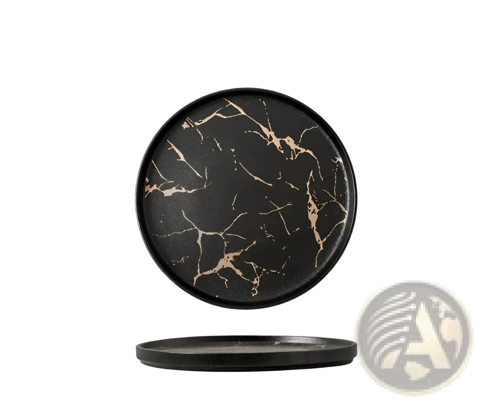 Black ceramic marble plate with gold veining and matching black rim 25.2cm diameter for elegant serving