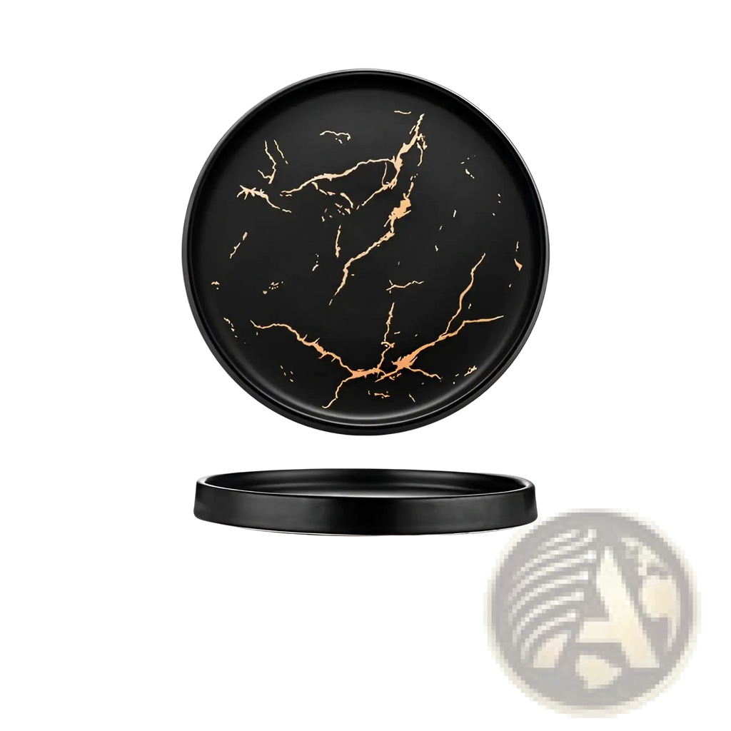 Black marble ceramic plate with gold veining tray 20cm diameter 2cm deep for serving and decor use