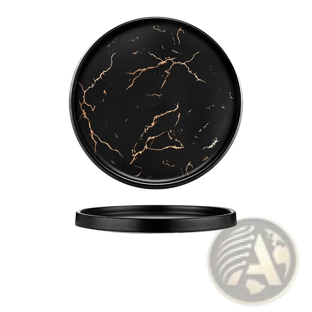 Black circular marble ceramic plate with gold veining tray 24.7cm diameter 2.5cm deep