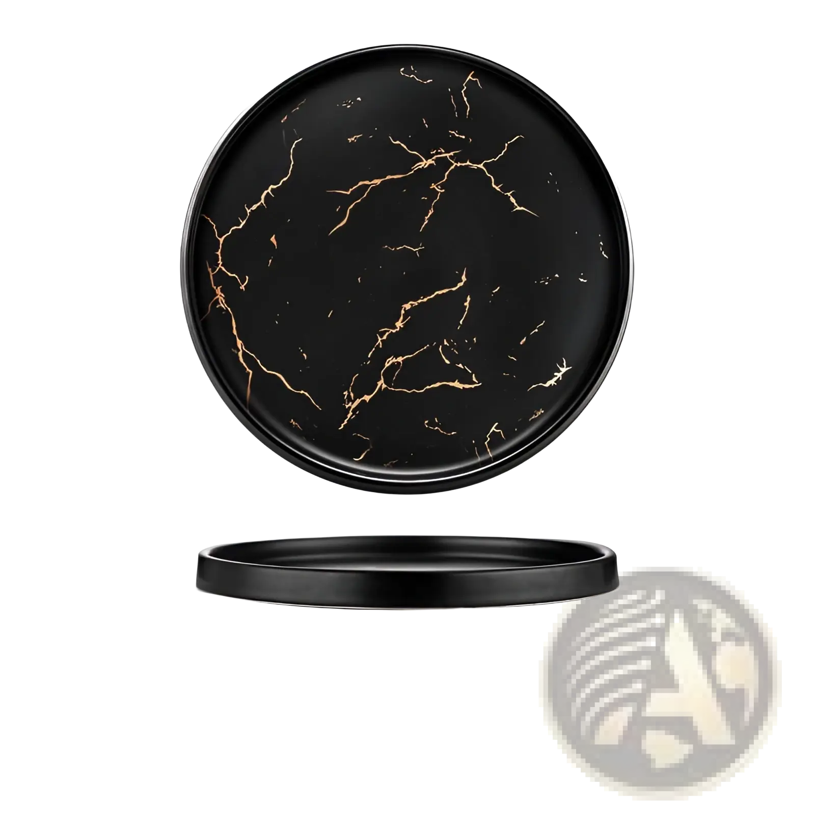 Black circular marble ceramic plate with gold veining tray 24.7cm diameter 2.5cm deep