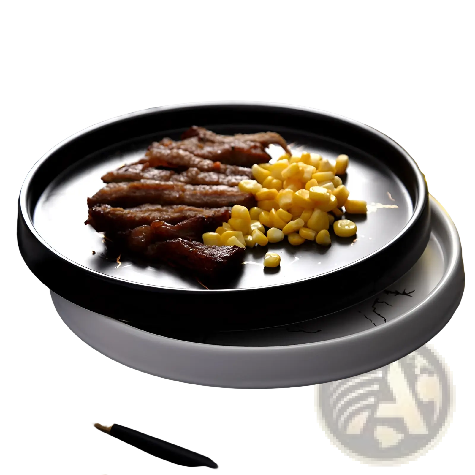 Marble ceramic plate with gold veining featuring a black glossy crackle glaze and serving sliced meat with corn kernels