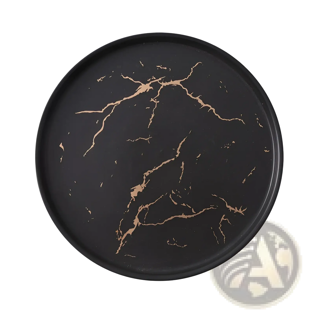 Black marble ceramic plate with gold veining featuring a circular tray design for elegant serving
