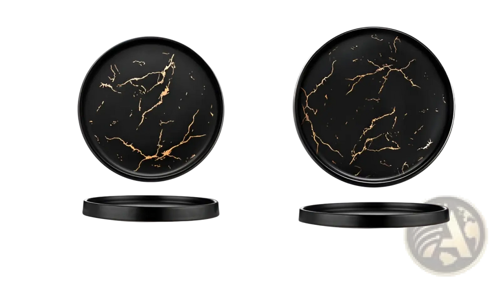 Black marble ceramic plate with gold veining pattern featuring a circular design for serving or display use