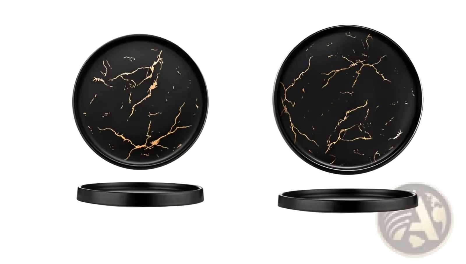 Black marble ceramic plate with gold veining pattern featuring a circular design for serving or display use