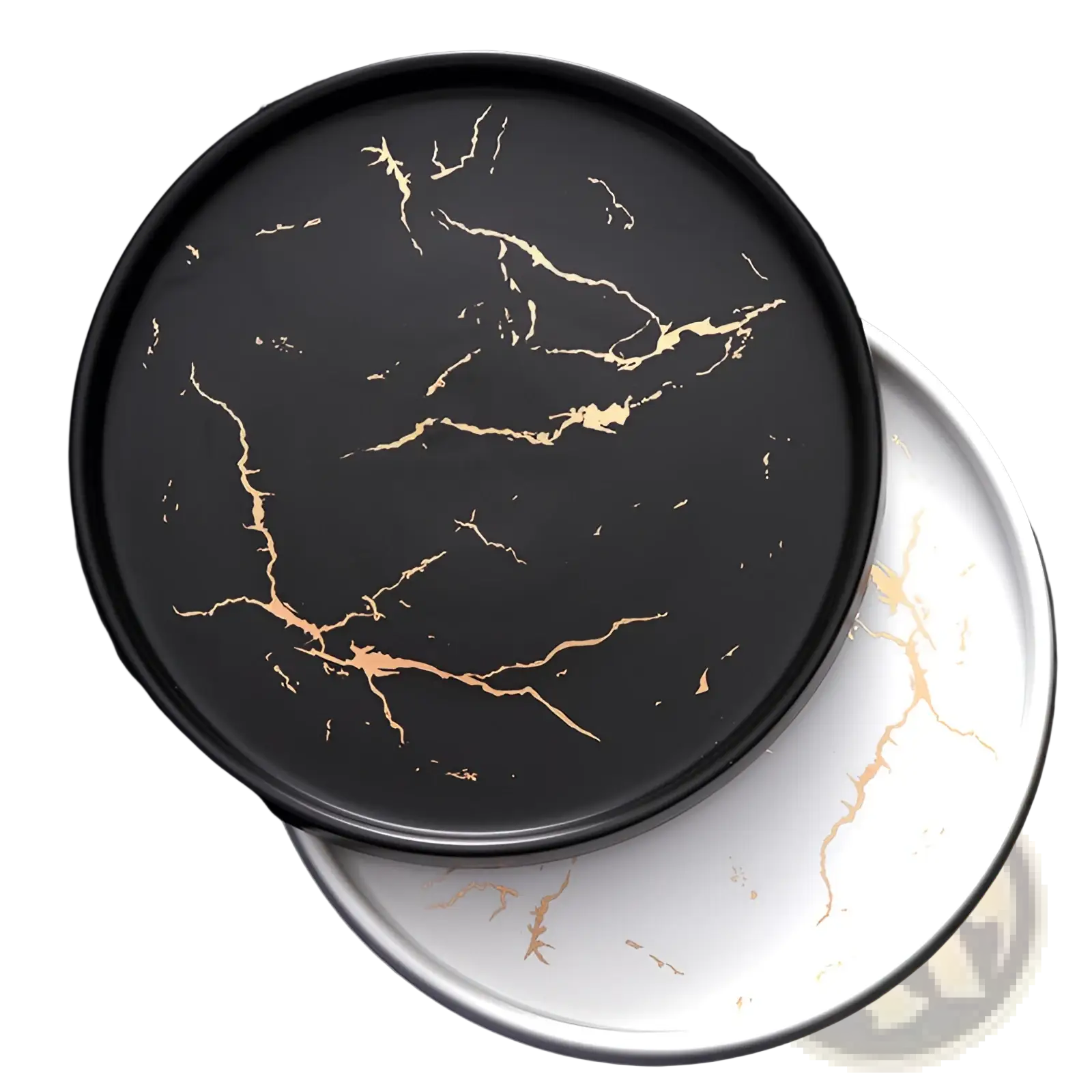 Black and white marble ceramic plate with gold veining tray featuring elegant gold marble design on ceramic surface