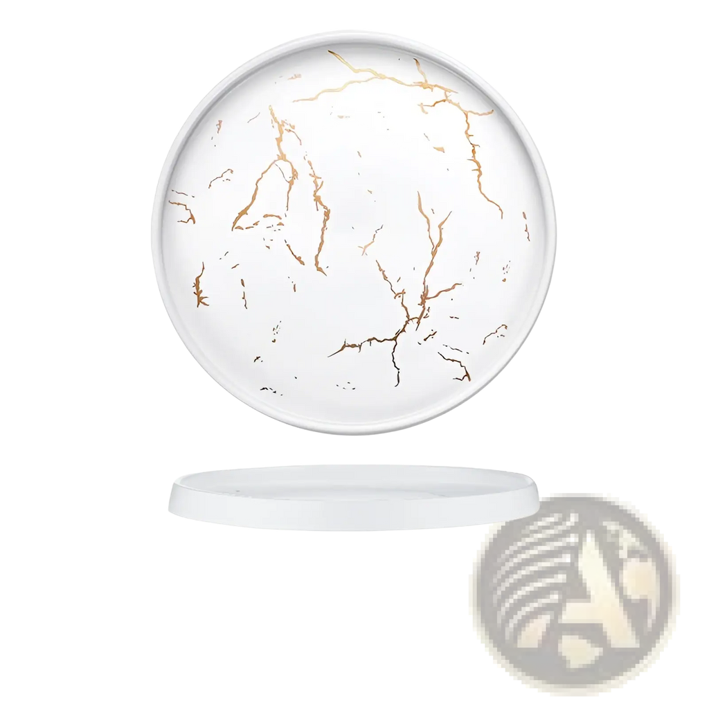 White ceramic plate with gold marble veining showcasing elegant design for serving and decorative use