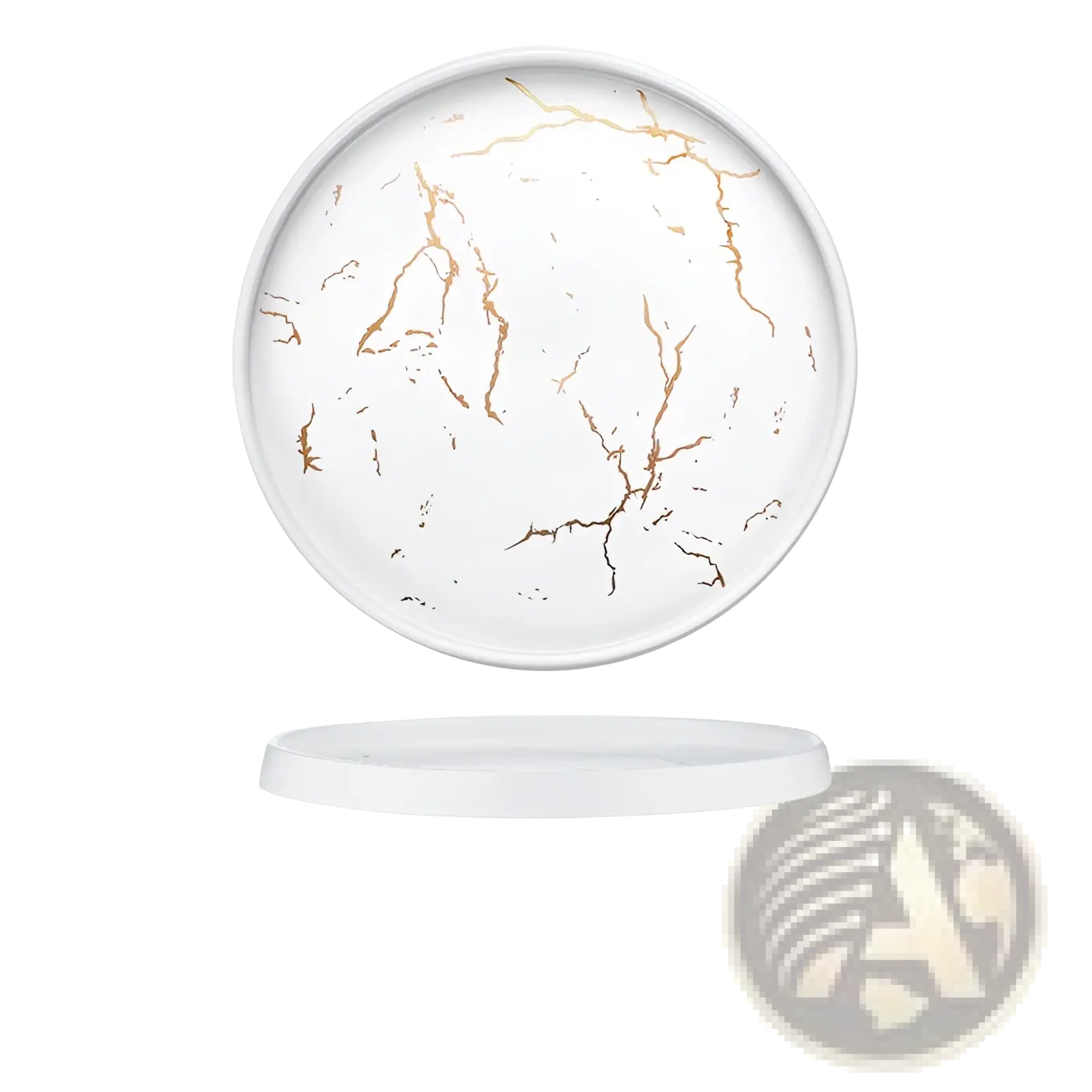 White ceramic plate with gold marble veining showcasing elegant design for serving and decorative use