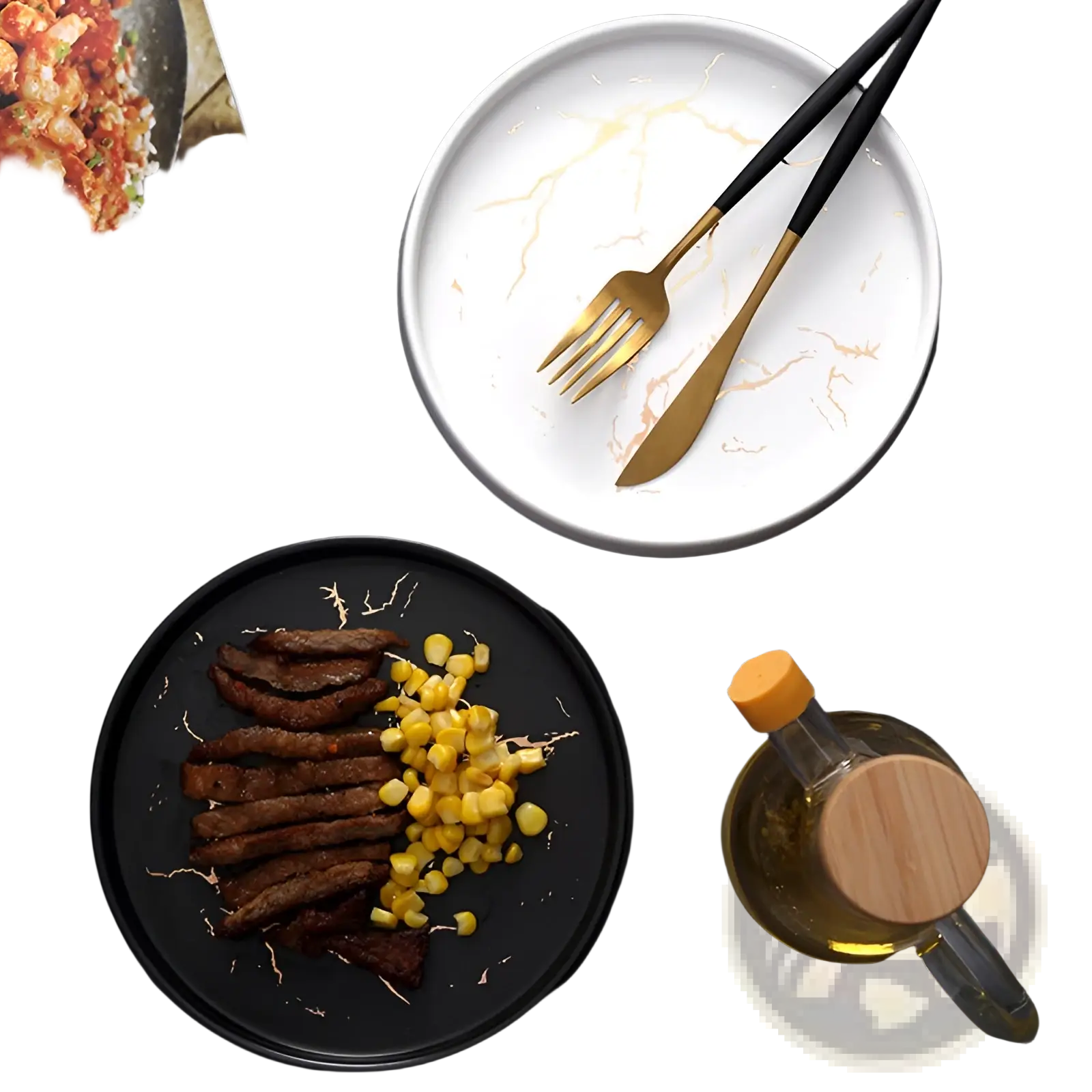 White marble-patterned ceramic plate with gold veining tray accompanied by black and gold cutlery for elegant dining