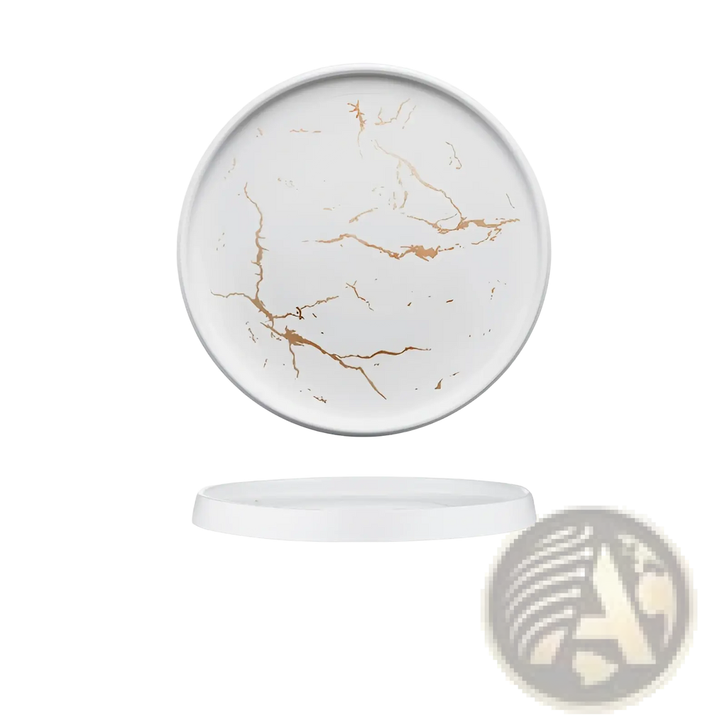 White ceramic marble plate with gold veining, 20cm diameter and 2cm thick, ideal as a decorative tray