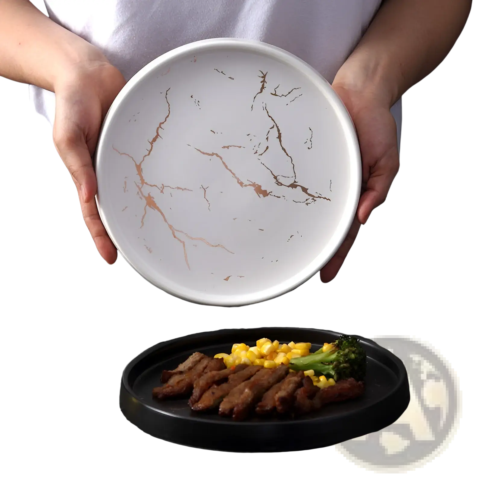 White ceramic plate with gold marble-like veining featuring elegant marble ceramic plate with gold veining tray design