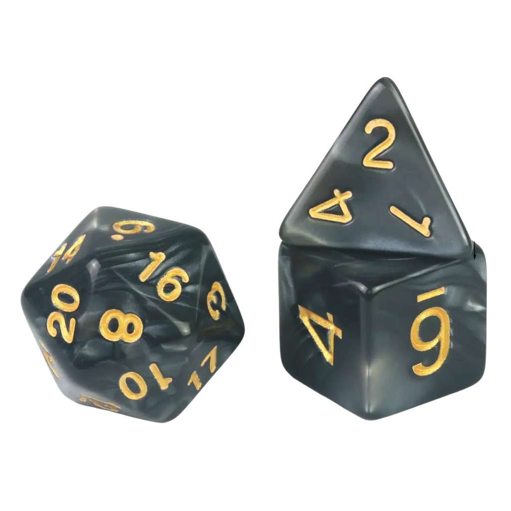 Black and gold marbled marble d4 polyhedral dice set for tabletop games and board games use