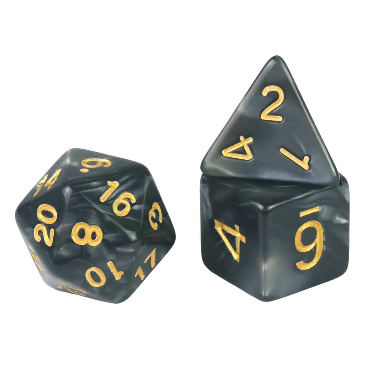 Black and gold marbled marble d4 polyhedral dice set for tabletop games and board games use
