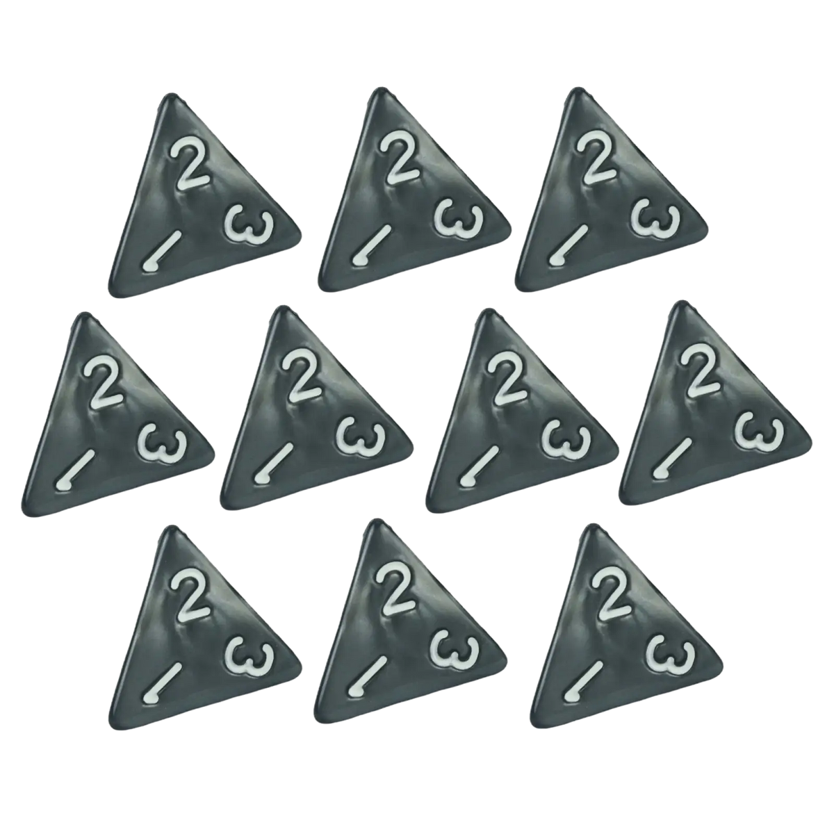 Black triangular marble d4 dice set with white numerals for tabletop games and board games use