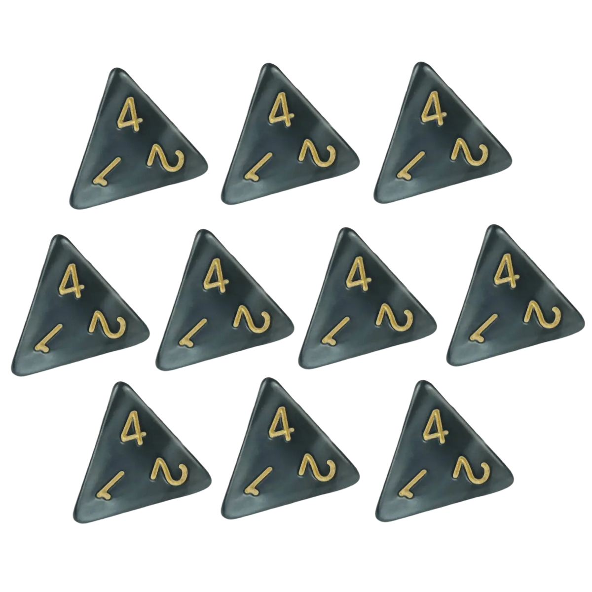 Set of ten dark green marble d4 dice with gold numerals for tabletop games and board games