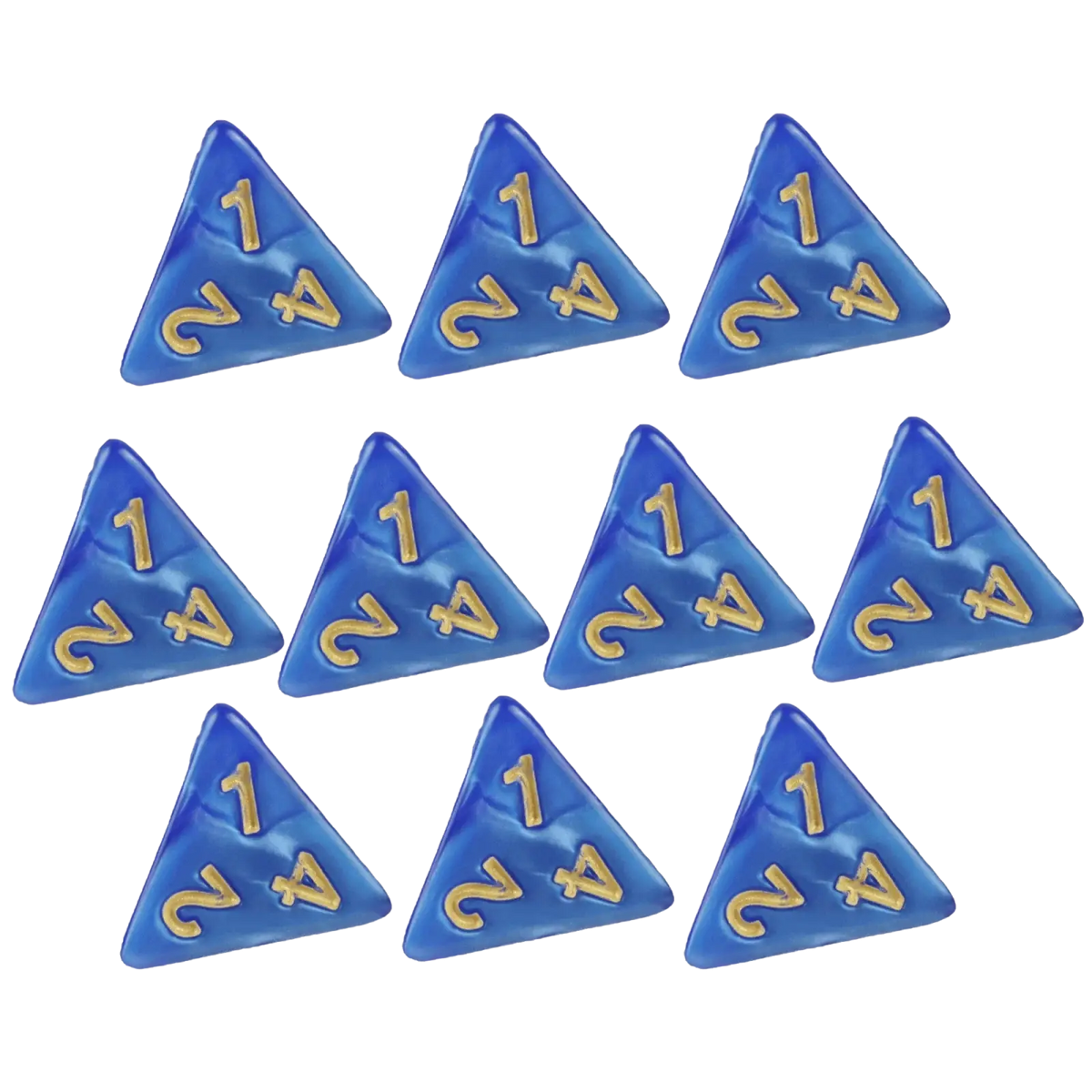 Set of ten translucent blue marble d4 dice with gold numerals ideal for tabletop games and board games