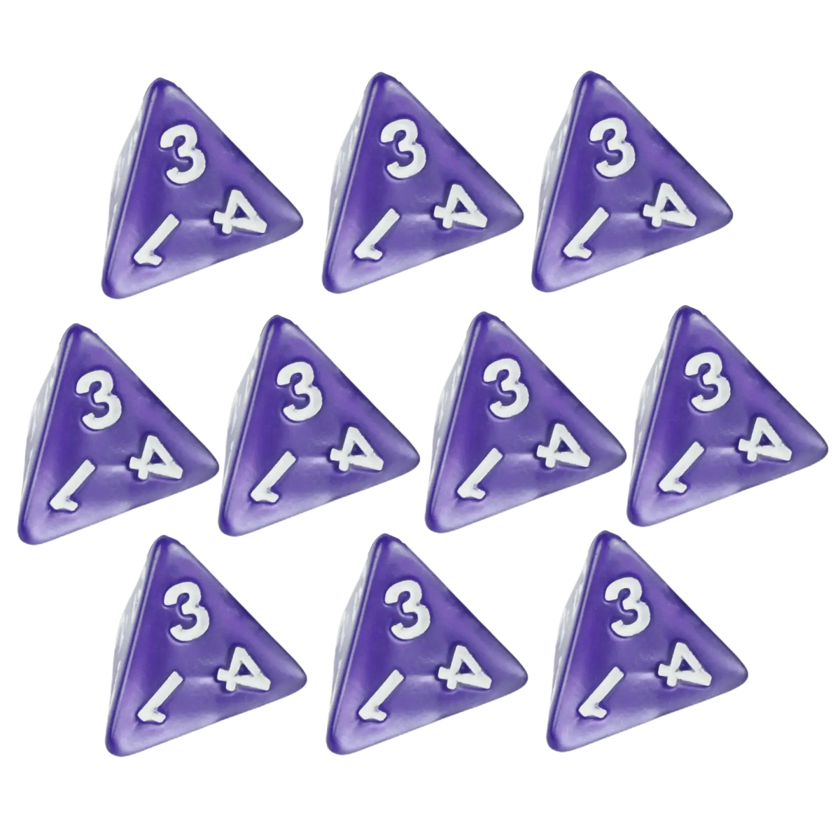Set of ten translucent purple marble d4 dice with white numbering for tabletop games and board games