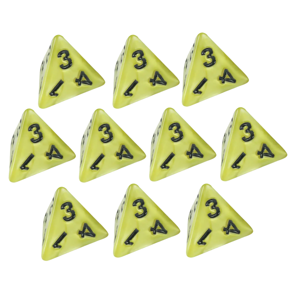 Set of ten translucent lime-green marble d4 dice with black numerals for tabletop games and board games
