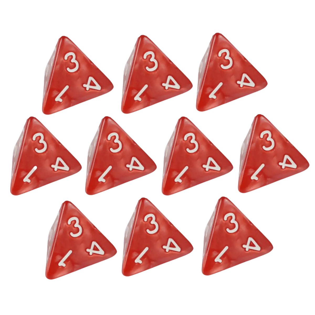 Set of ten translucent red marble d4 dice with white numbering for tabletop games and board games use