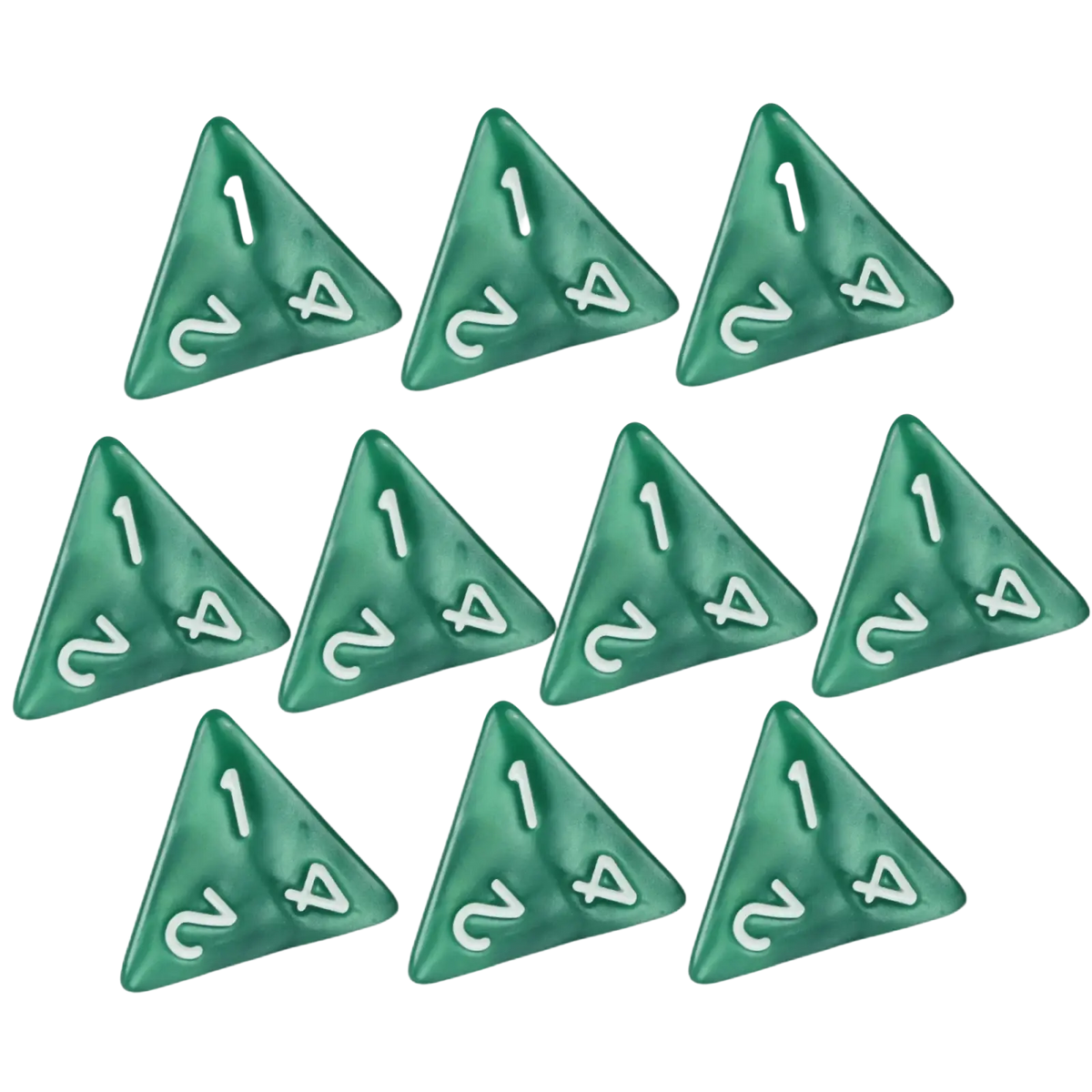Set of ten translucent green marble d4 dice with white numerals for tabletop games and board games use