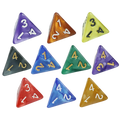 Marble d4 dice set of ten translucent colorful triangular dice in purple orange green blue and red for tabletop games