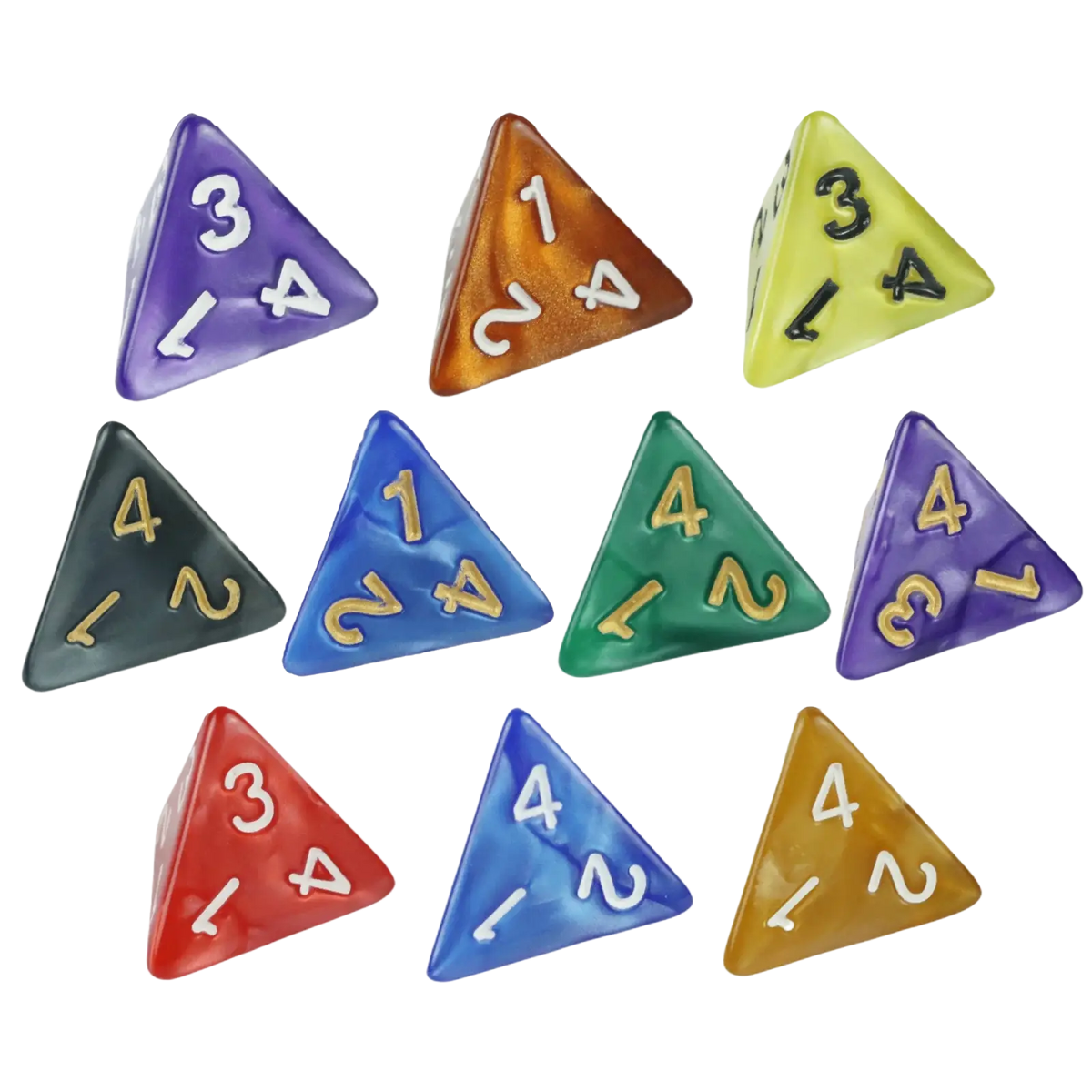 Marble d4 dice set of ten translucent colorful triangular dice in purple orange green blue and red for tabletop games