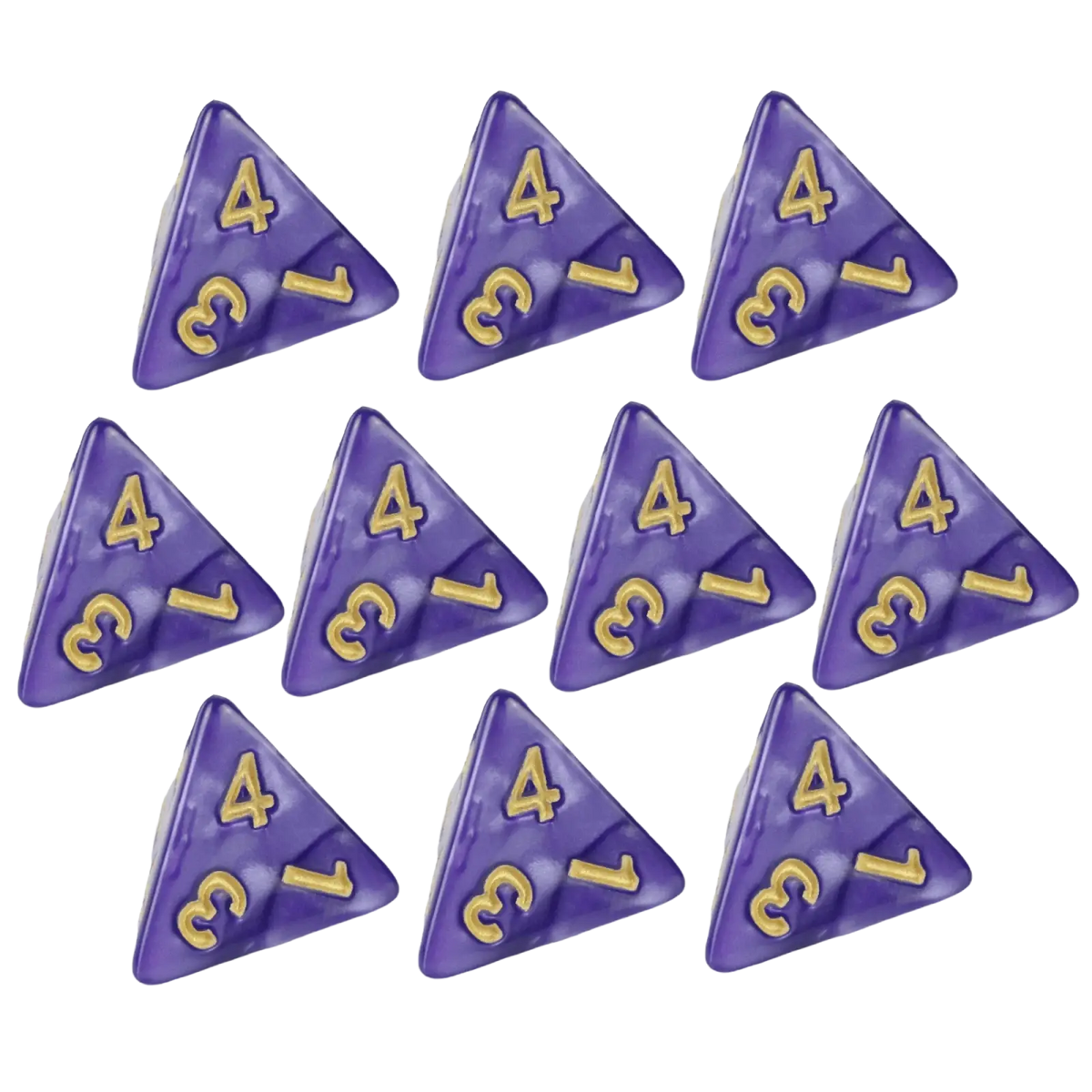 Set of ten translucent purple marble d4 dice with gold numbering for tabletop games and board games