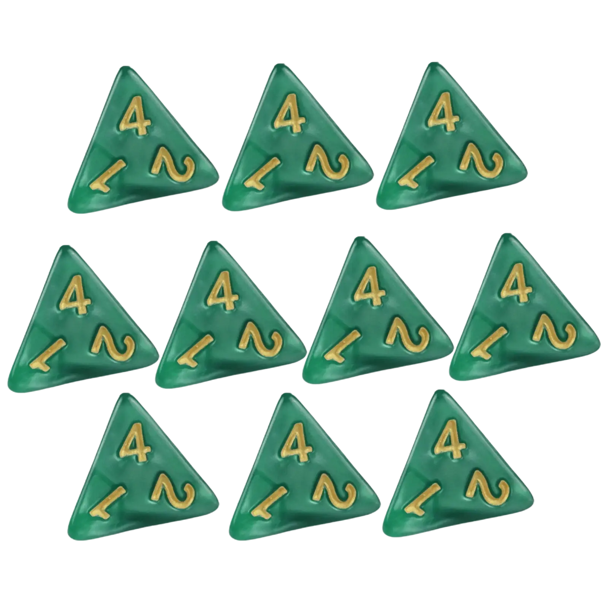 Set of ten translucent green marble d4 dice with gold numerals for tabletop games and board games use