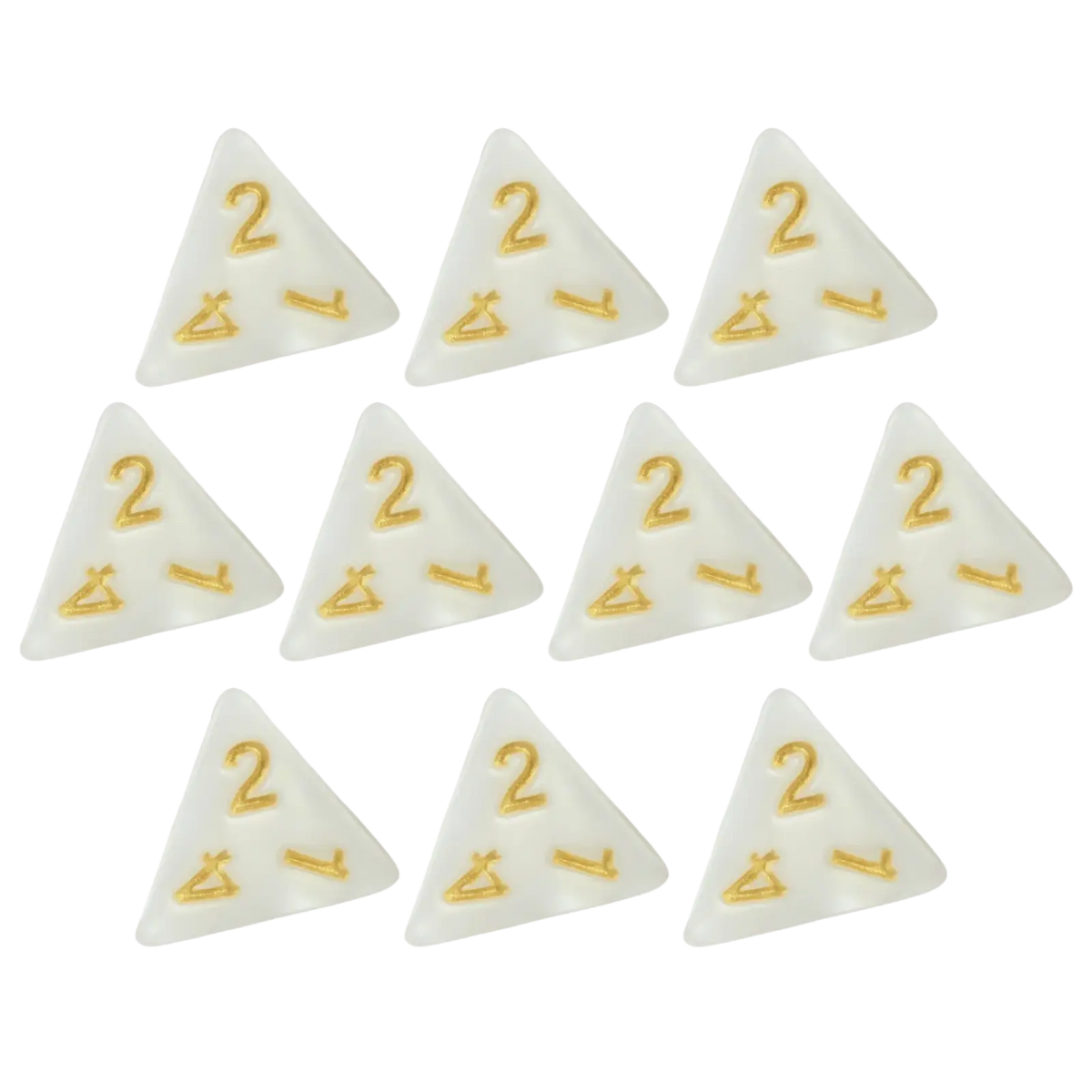 Set of ten translucent white marble d4 dice with gold numerals for tabletop games and board games