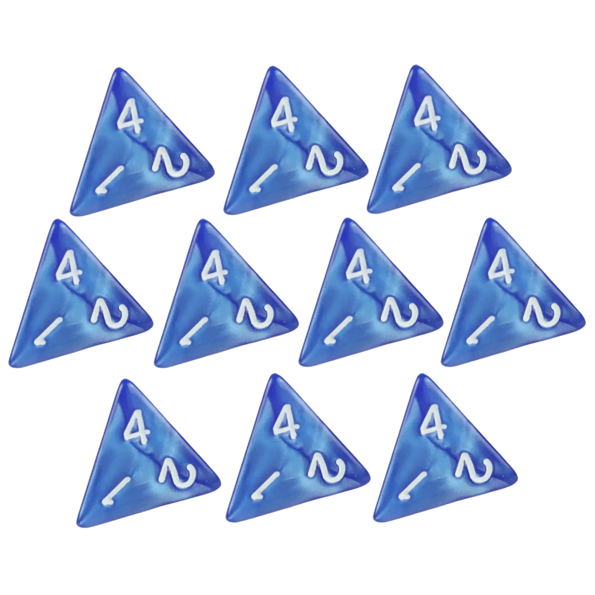Set of ten translucent blue marble d4 dice with white numbering for tabletop games and board games