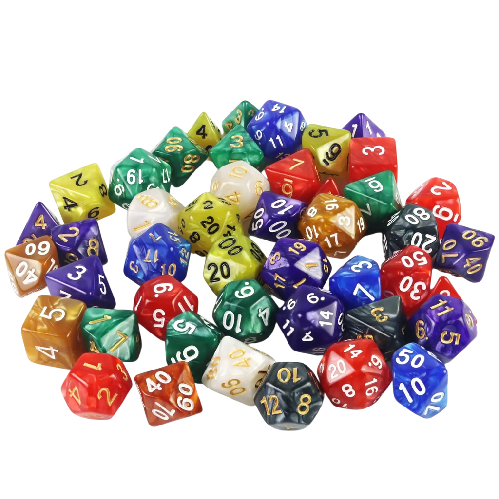 Marble d4 dice set featuring vibrant translucent polyhedral dice with gold and white numerals for tabletop games