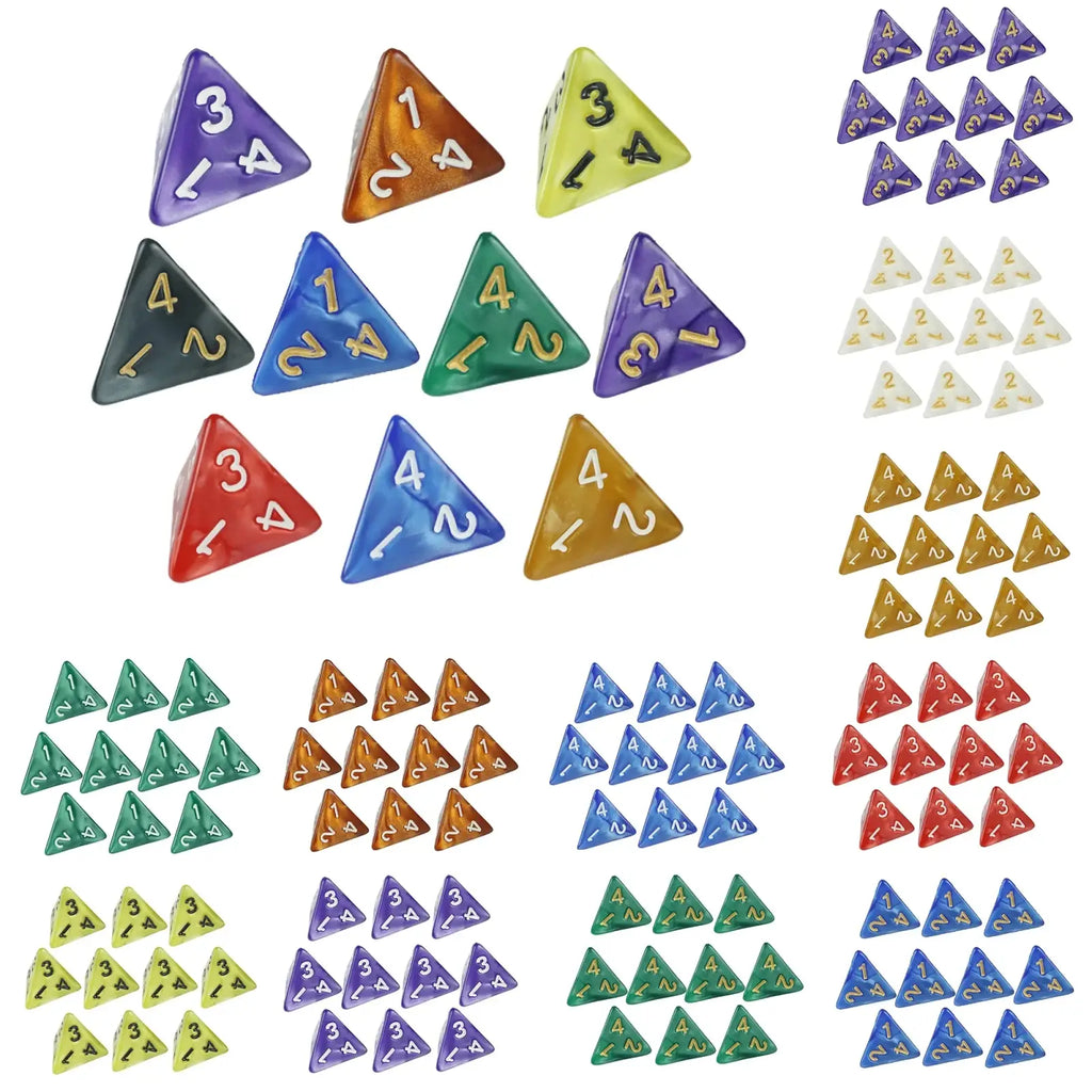Marble d4 dice set of translucent colorful triangular dice with bold white and gold numerals for tabletop games