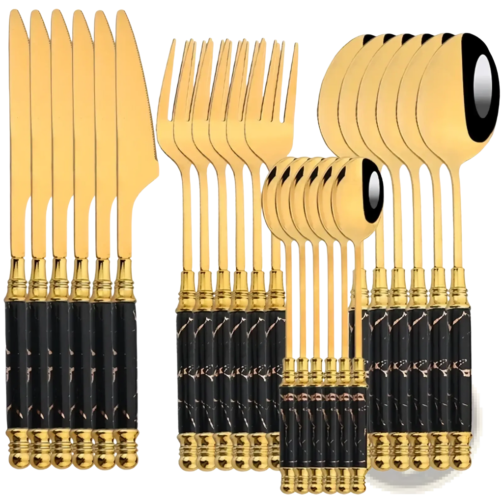 Marble handle gold cutlery set 24-piece with gold-finished utensils featuring black marble-patterned handles and ornate detailing
