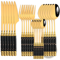 Marble handle gold cutlery set 24-piece with gold-finished utensils featuring black marble-patterned handles and ornate detailing