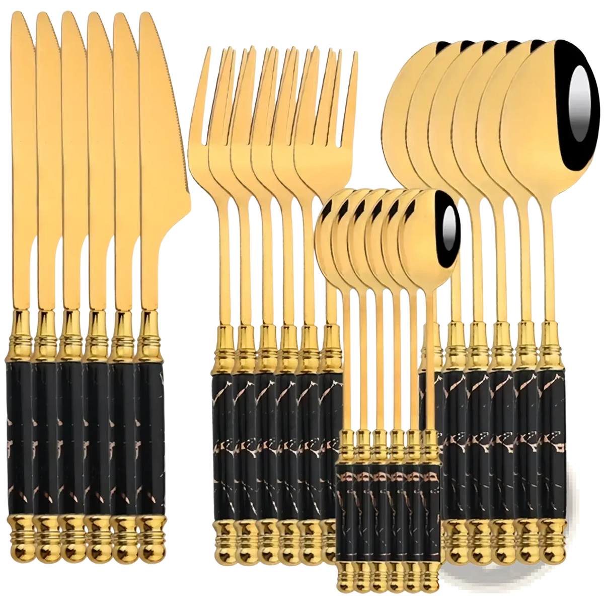 Marble handle gold cutlery set 24-piece with gold-finished utensils featuring black marble-patterned handles and ornate detailing