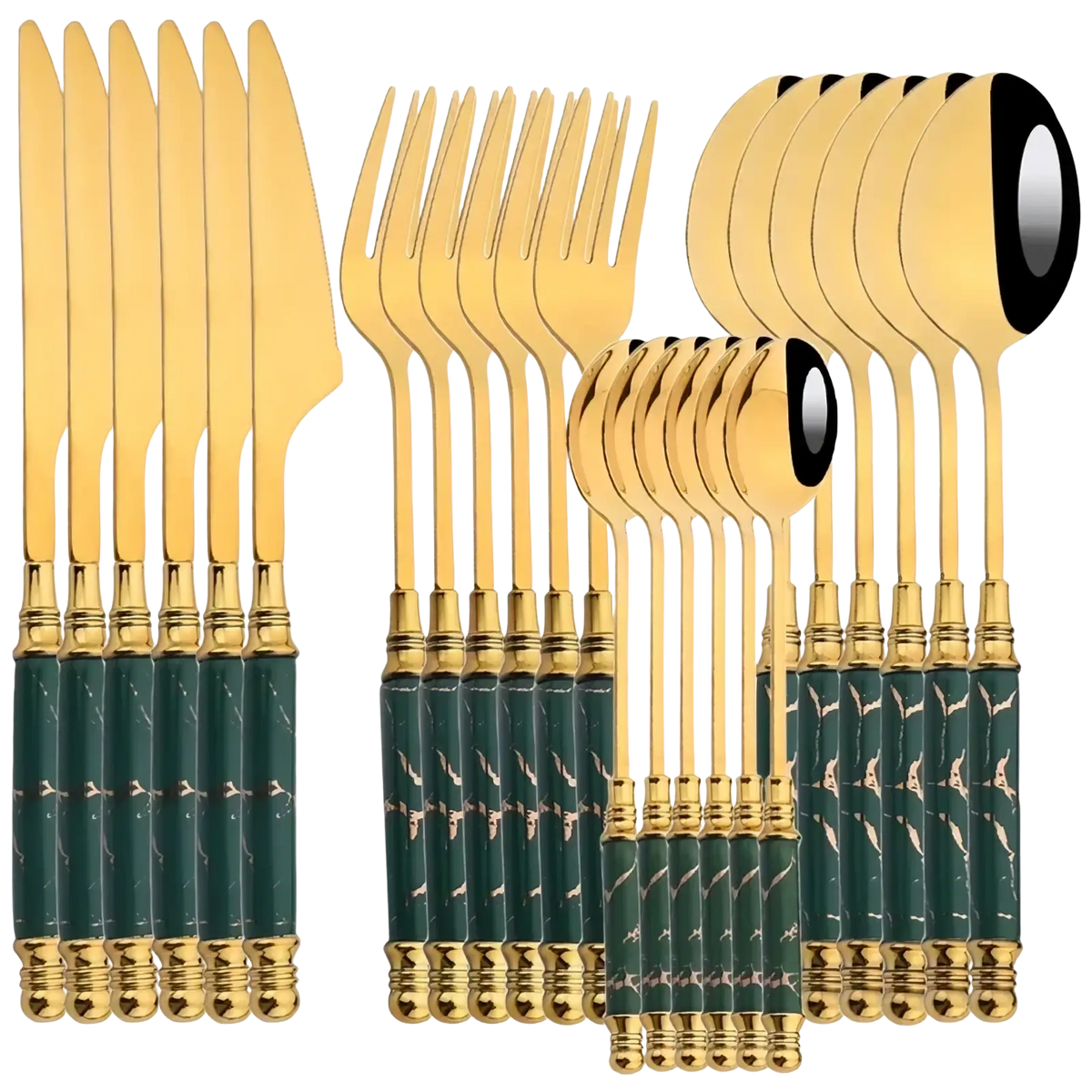 Elegant gold-toned 24-piece cutlery set with dark green marble-patterned handles and ornate golden accents