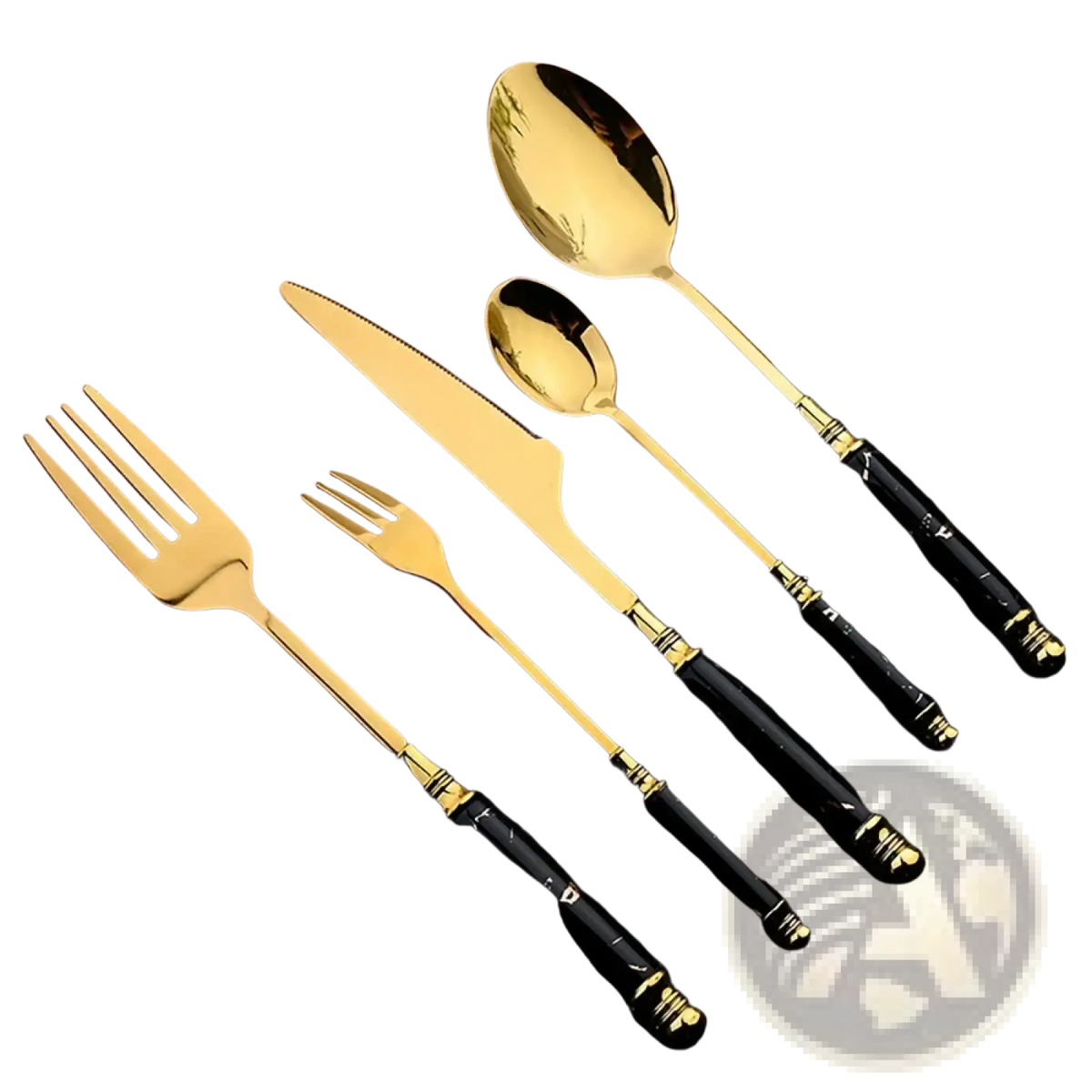 Elegant gold-toned marble handle cutlery set with black marble-patterned handles arranged on a wooden board
