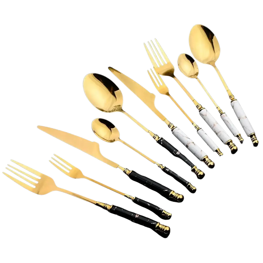 Gold-finished cutlery set with black and white marble-patterned handles in a 24-piece dining flatware collection